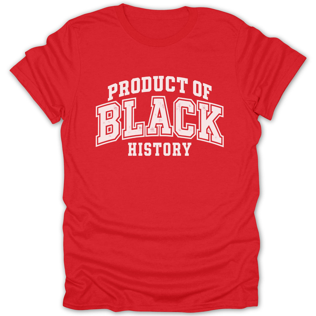 Red t-shirt with "PRODUCT OF BLACK HISTORY" text in white collegiate font.