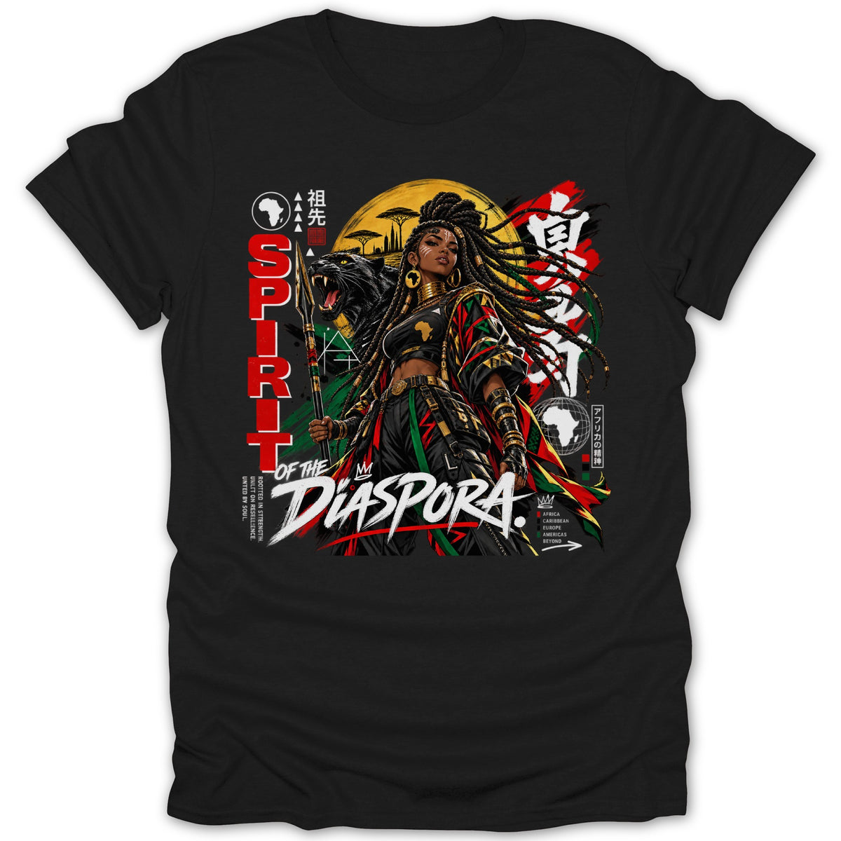 Black t-shirt with "Spirit of the Diaspora" graphic featuring a warrior woman, panther, and African symbols.