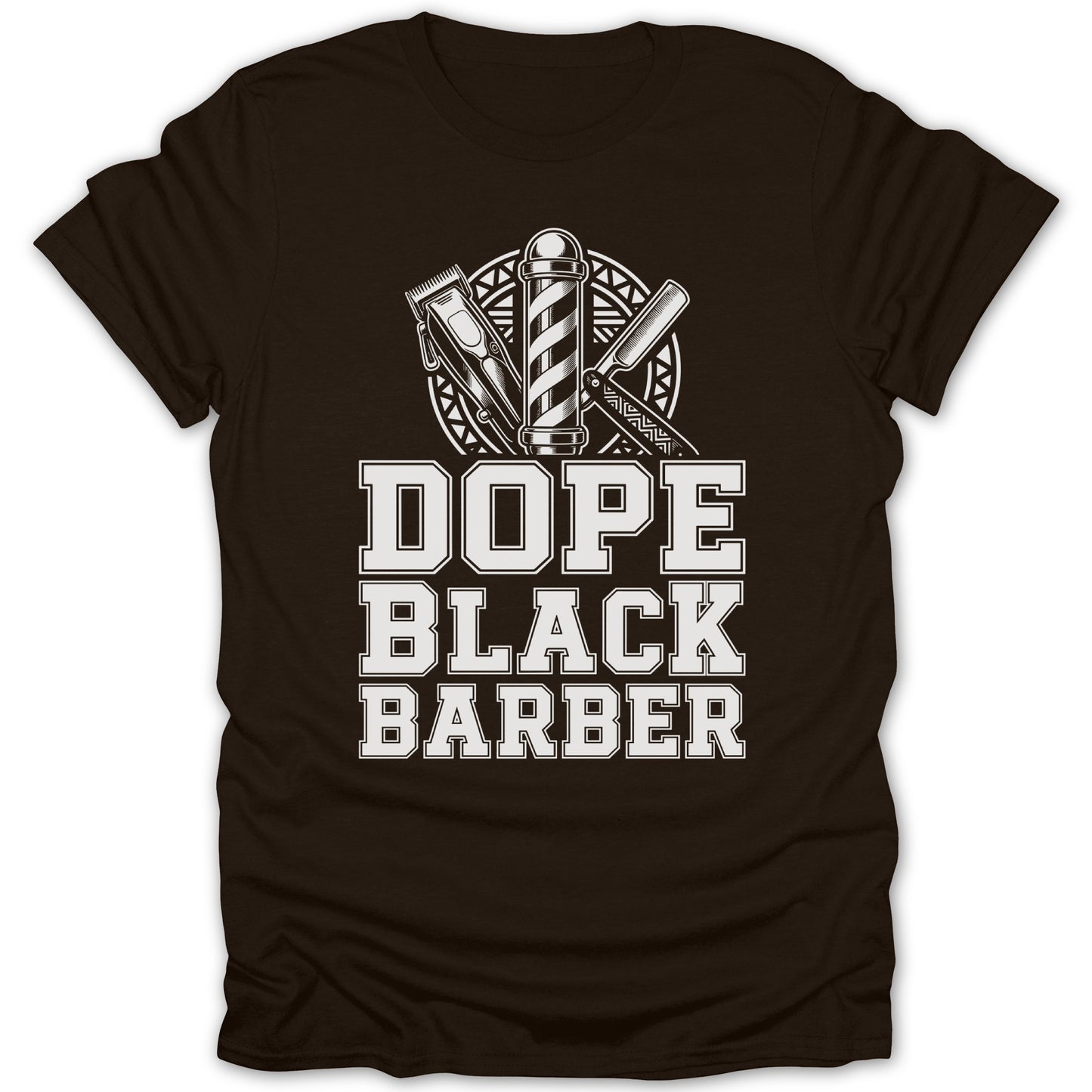 Brown t-shirt with barber pole, clippers, razor, and text "Dope Black Barber".