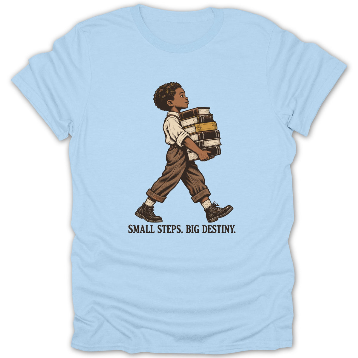 Illustration of a boy carrying books, with text "SMALL STEPS. BIG DESTINY."