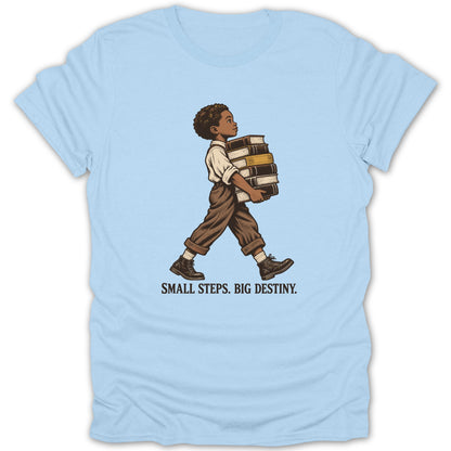 Illustration of a boy carrying books, with text "SMALL STEPS. BIG DESTINY."