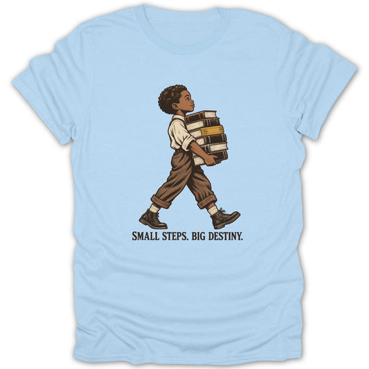 Illustration of a boy carrying books, with text "SMALL STEPS. BIG DESTINY."