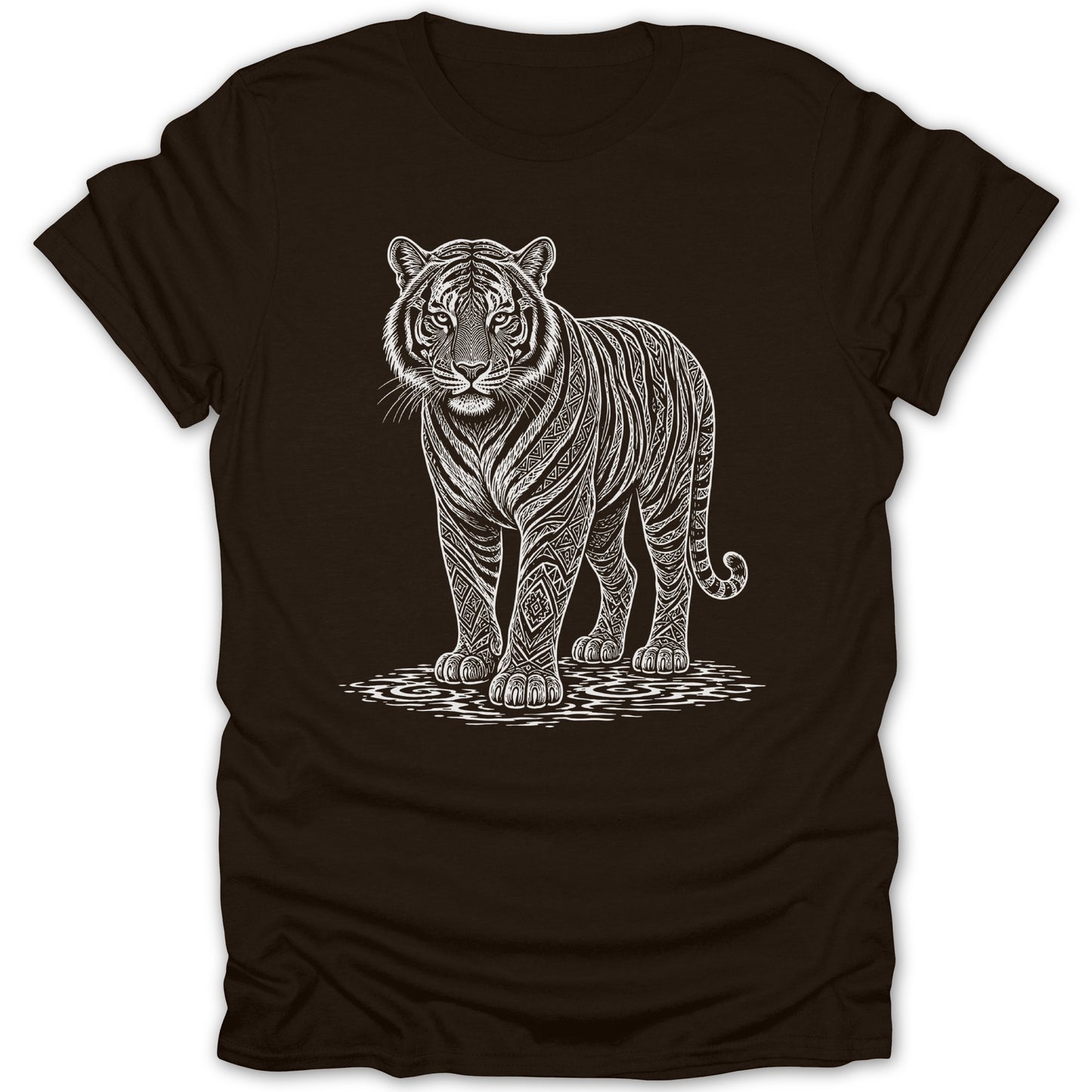 White tiger illustration with intricate patterns on a dark brown t-shirt.