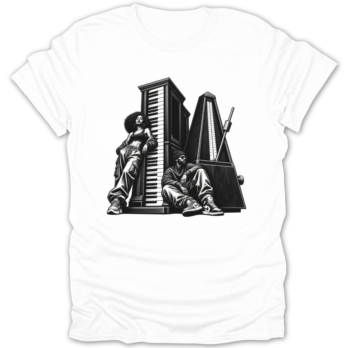 Two people posed by giant piano keys and a metronome graphic.