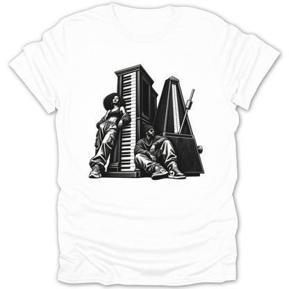 Two people posed by giant piano keys and a metronome graphic.