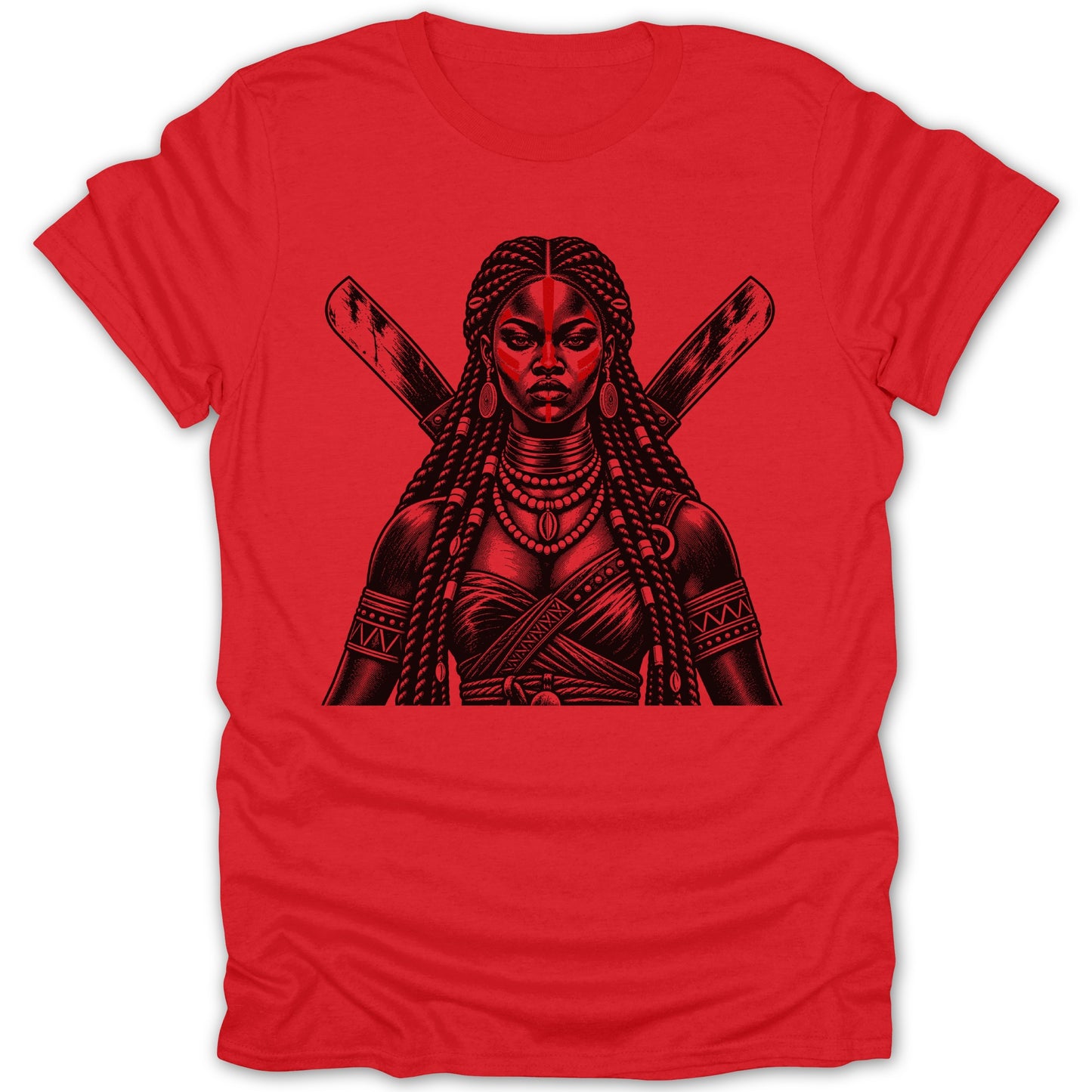 Red t-shirt with a black linocut of a woman with braided hair and crossed weapons.