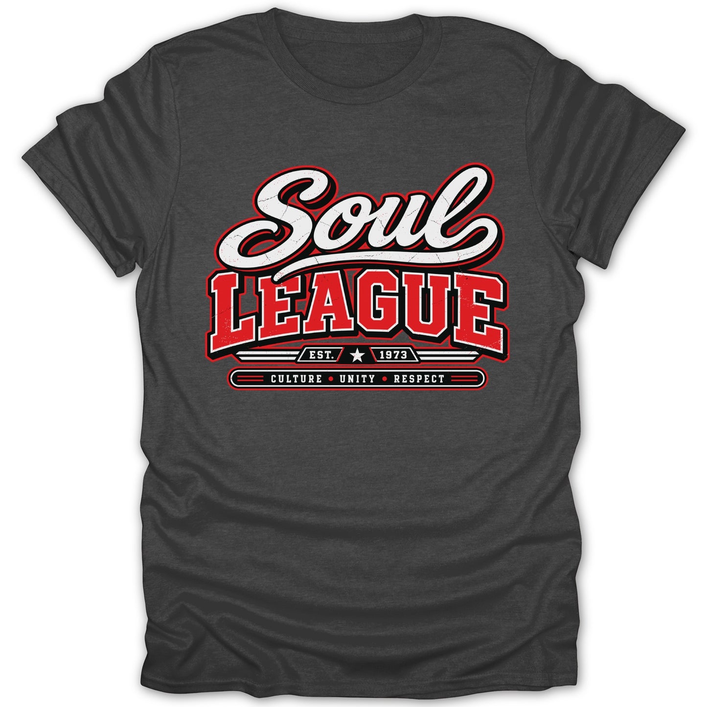 Dark grey t-shirt with "Soul League Est. 1973 Culture Unity Respect" graphic.