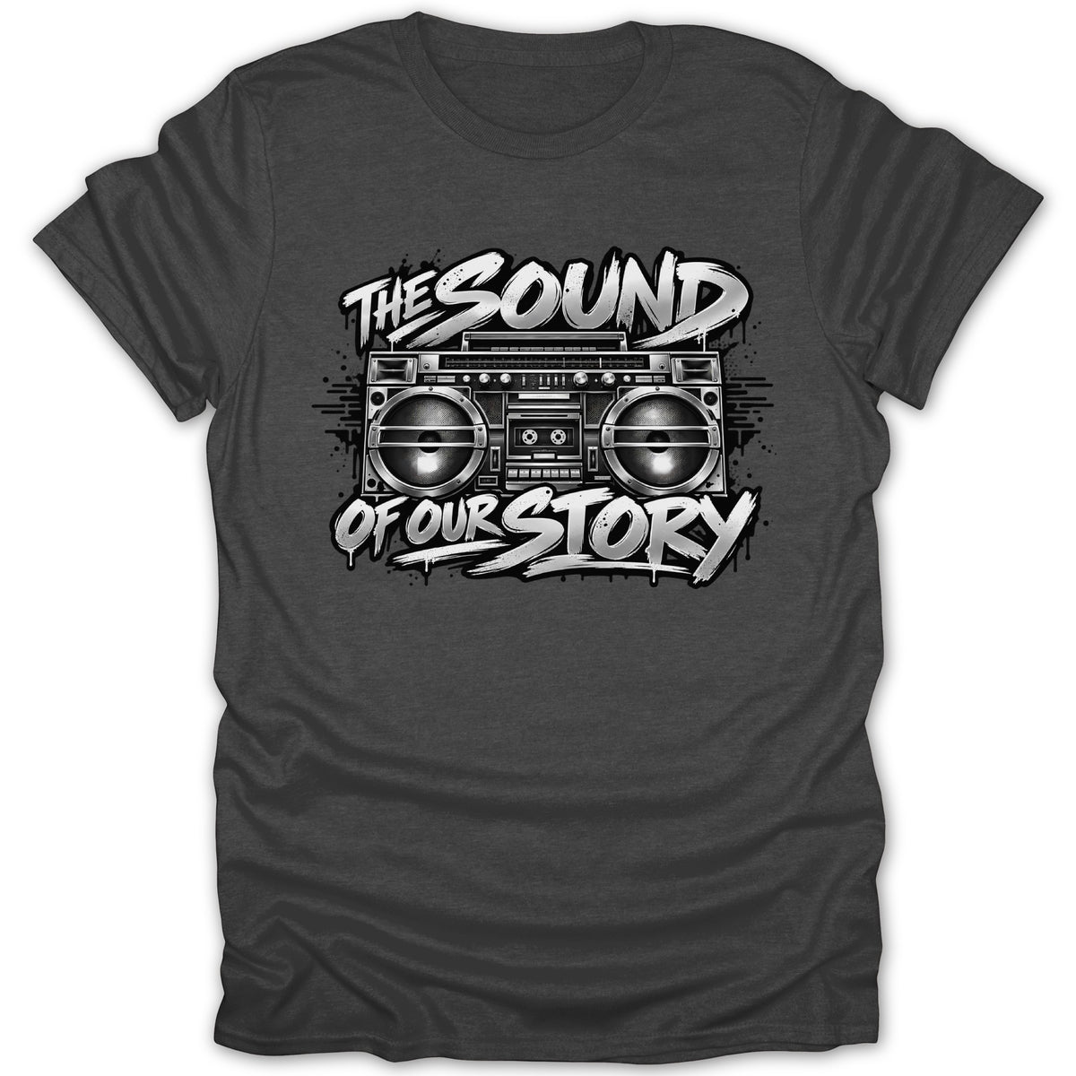 Dark grey t-shirt with a graphic of a retro boombox and text "The Sound of Our Story."