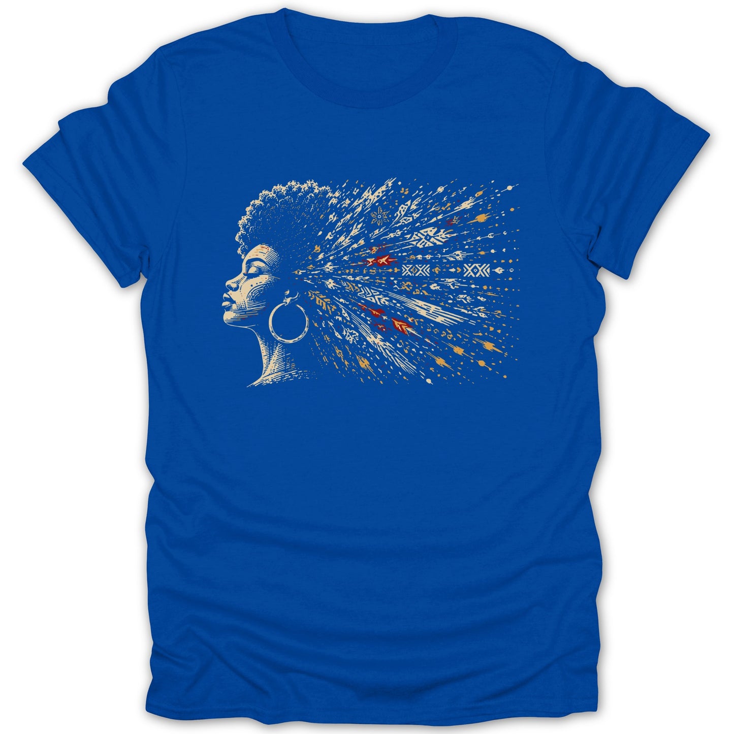 Blue t-shirt with a line drawing of a woman's profile and abstract, colorful hair.