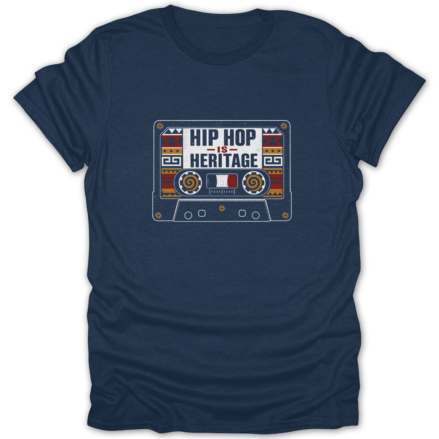 Navy t-shirt with a cassette tape graphic that says "HIP HOP IS HERITAGE".