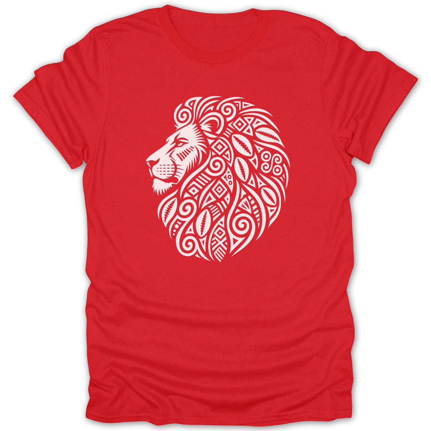 Red t-shirt with white tribal lion head graphic design.
