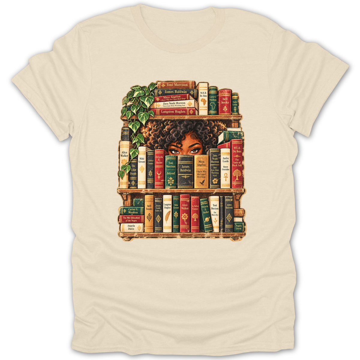 Woman's eyes peer from behind a bookshelf featuring books by Black authors.