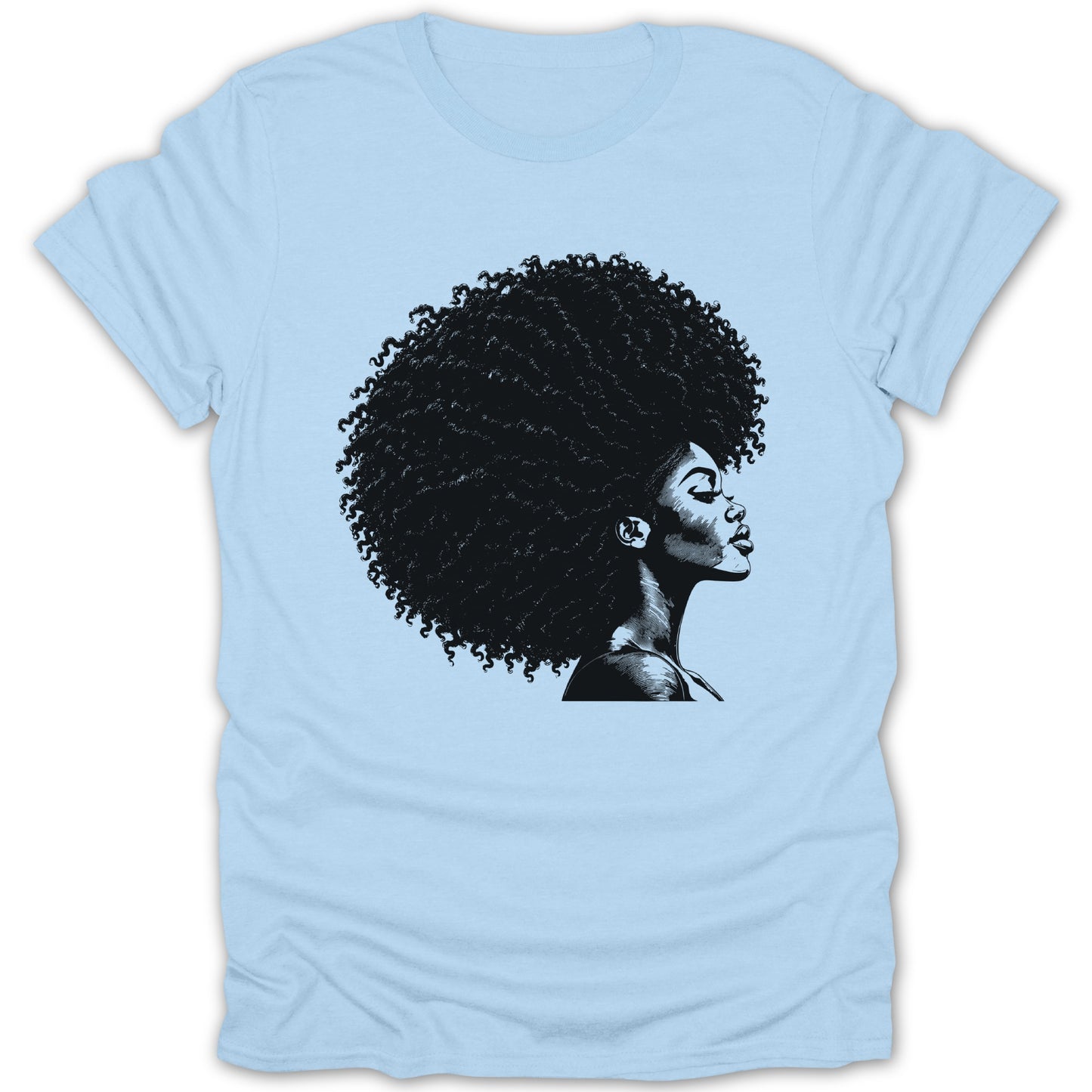 Black and white illustration of a woman with large afro on a light blue t-shirt.