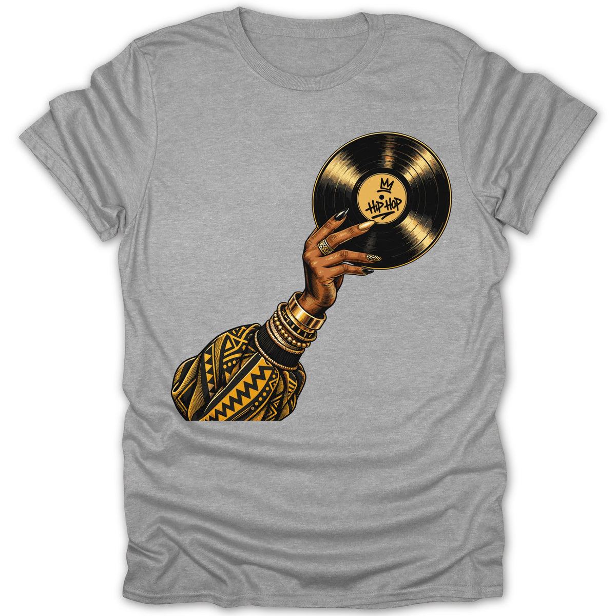 Illustration of a hand holding a vinyl record with "Hip-Hop" text.