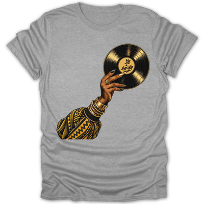 Illustration of a hand holding a vinyl record with "Hip-Hop" text.