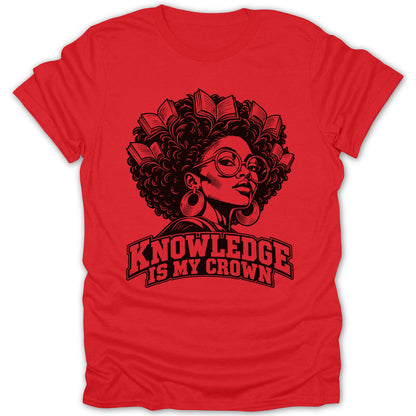 Red t-shirt with black graphic of woman with books for hair and text "Knowledge Is My Crown".