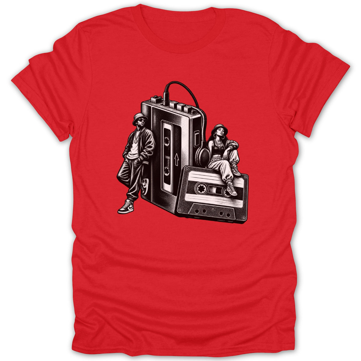 Black and white graphic of two people with a cassette player and tape on a red t-shirt.