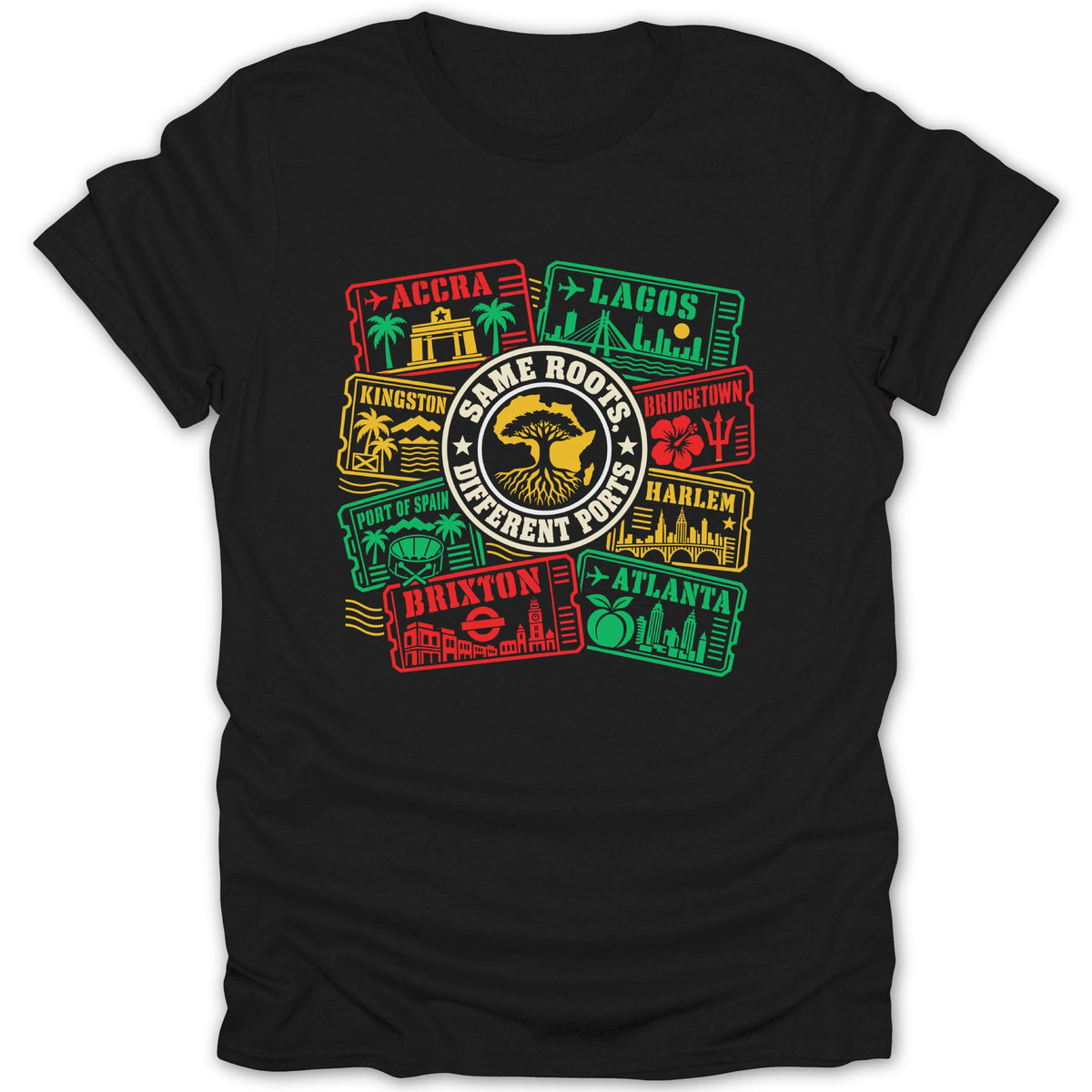Black t-shirt with graphic of city tickets and "Same Roots Different Ports" text.