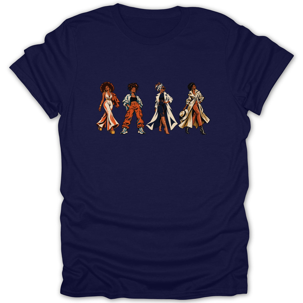 Four diverse women in stylish outfits are illustrated on a navy blue t-shirt.