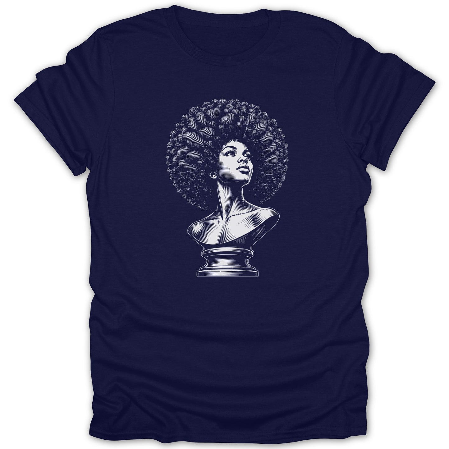 Navy t-shirt with a white engraved bust of a woman with an afro.