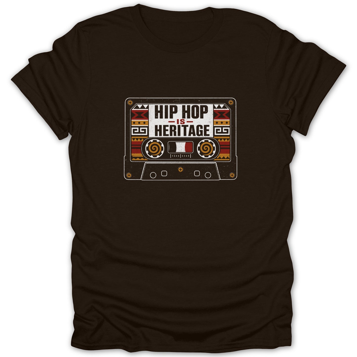 Brown t-shirt with a graphic of a cassette tape that reads "Hip Hop Is Heritage".