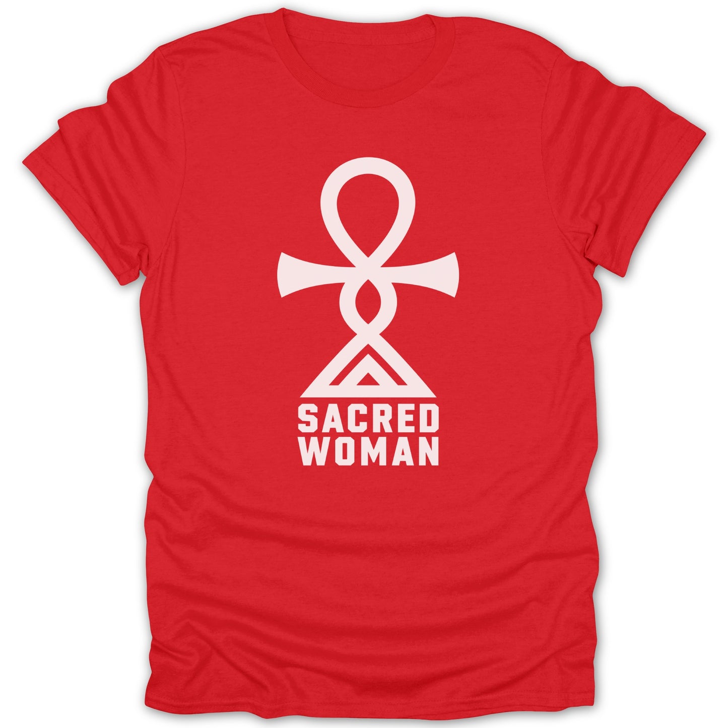 Red t-shirt with white ankh symbol and "SACRED WOMAN" text.