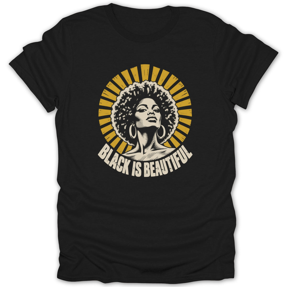 Black t-shirt featuring a graphic of a Black woman with an afro and hoop earrings, with the text Black Is Beautiful.