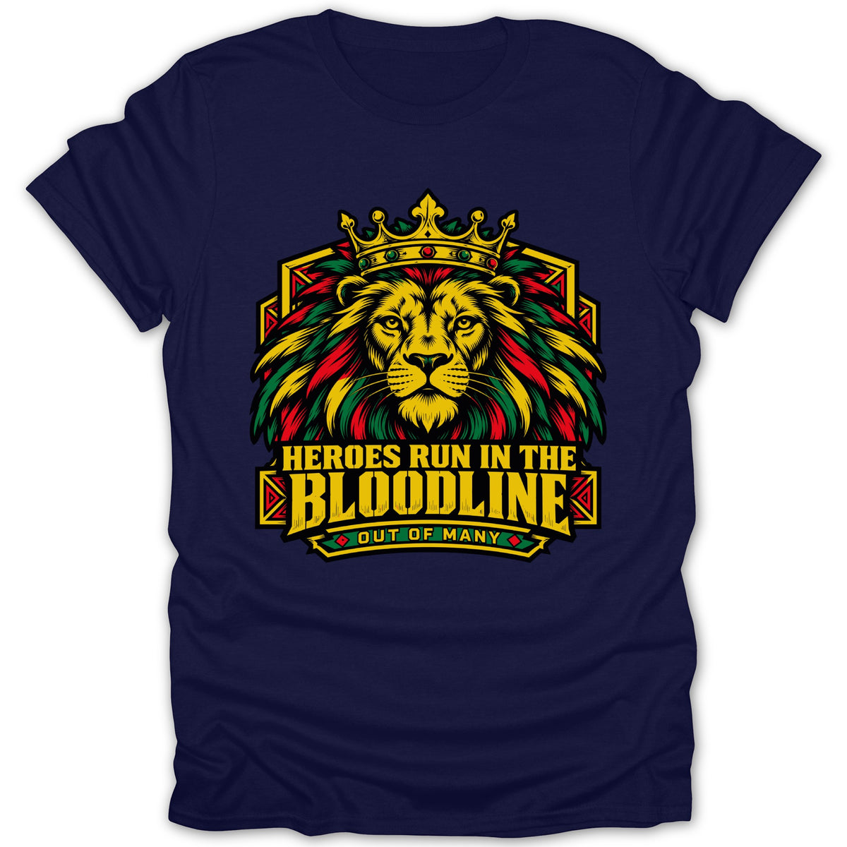 Navy t-shirt with a crowned lion and text "HEROES RUN IN THE BLOODLINE OUT OF MANY".
