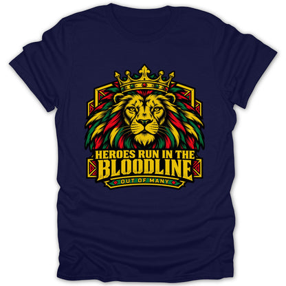 Navy t-shirt with a crowned lion and text "HEROES RUN IN THE BLOODLINE OUT OF MANY".