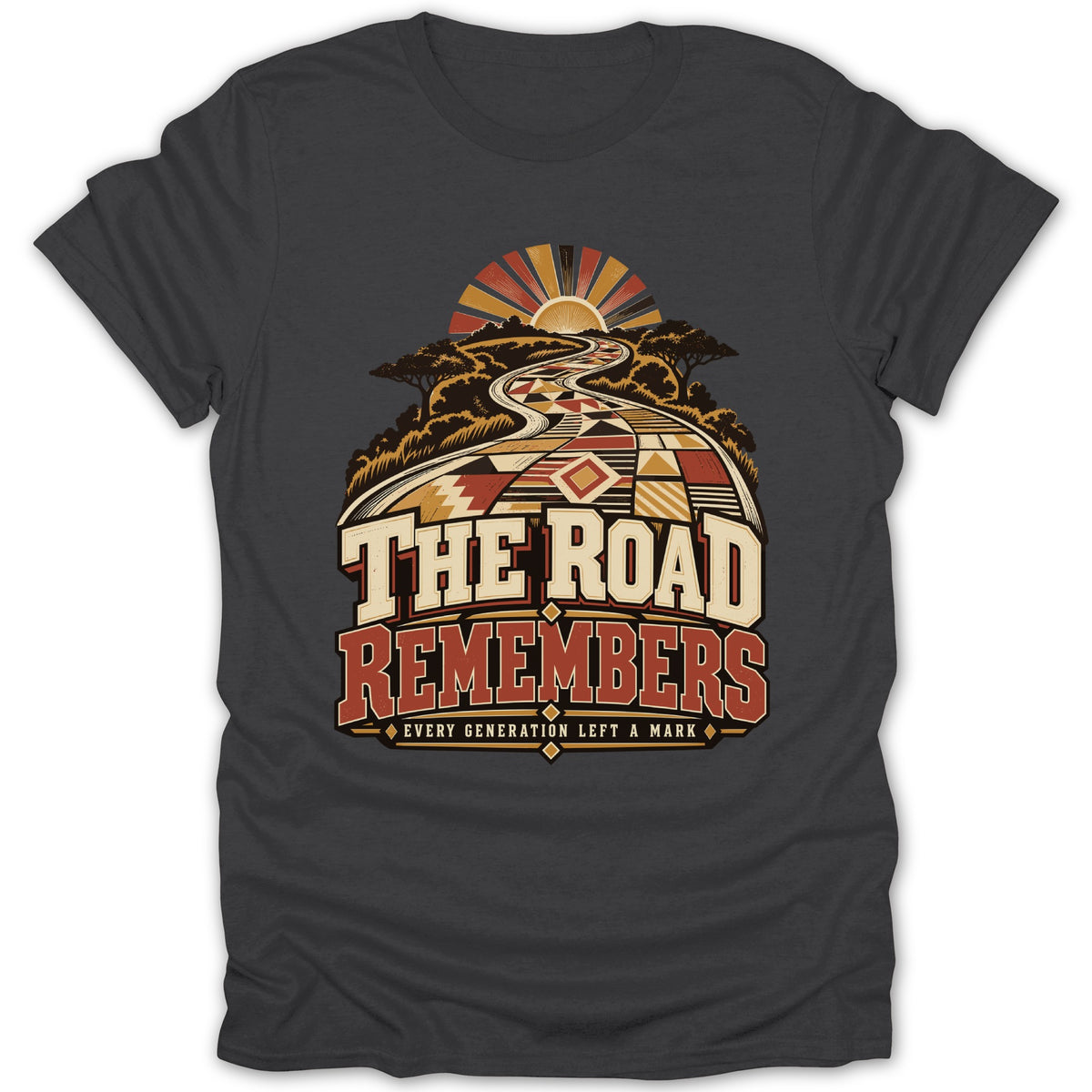Dark gray t-shirt featuring a road with tribal patterns and the text "The Road Remembers."