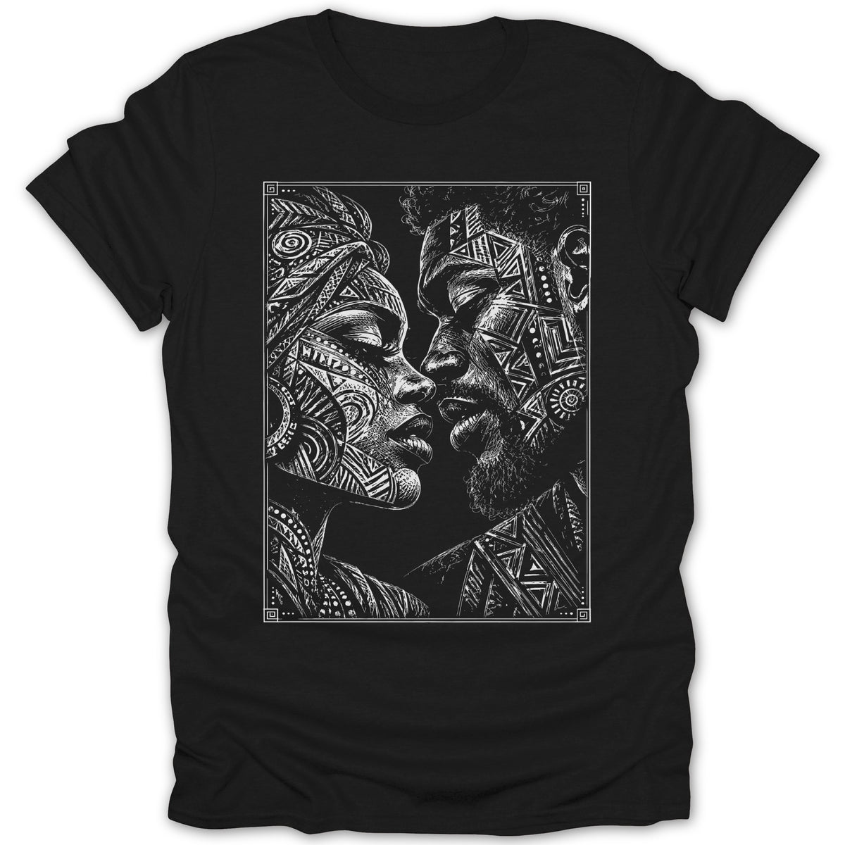 Black t-shirt with white ink drawing of a man and woman with tribal facial markings.