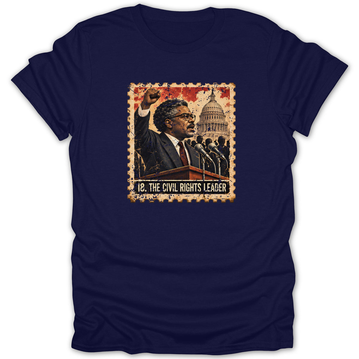 A dark blue short-sleeved t-shirt featuring a graphic of a civil rights leader at a podium with the text 18. THE CIVIL RIGHTS LEADER.