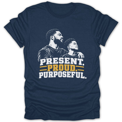 Navy t-shirt with graphic of a man and boy, text reads PRESENT. PROUD. PURPOSEFUL.