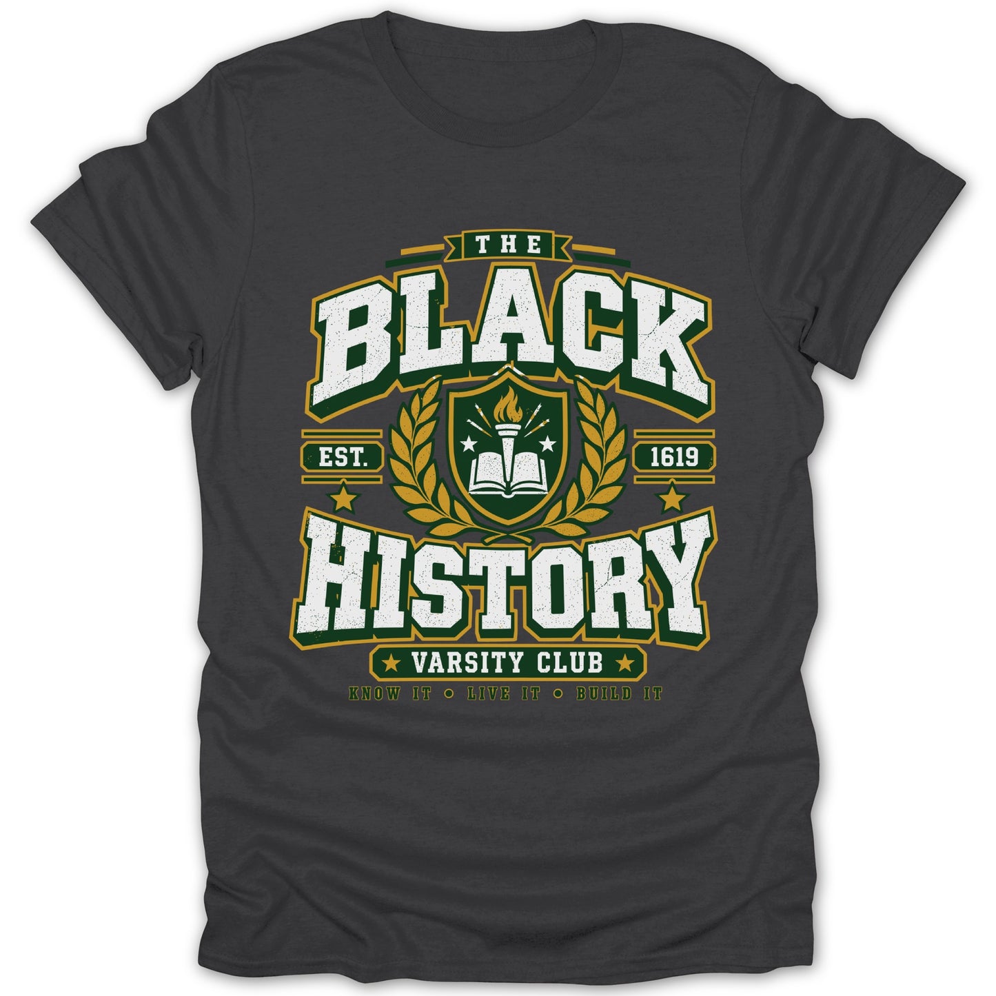 The Black History Varsity Club t-shirt features a crest with an open book and torch.