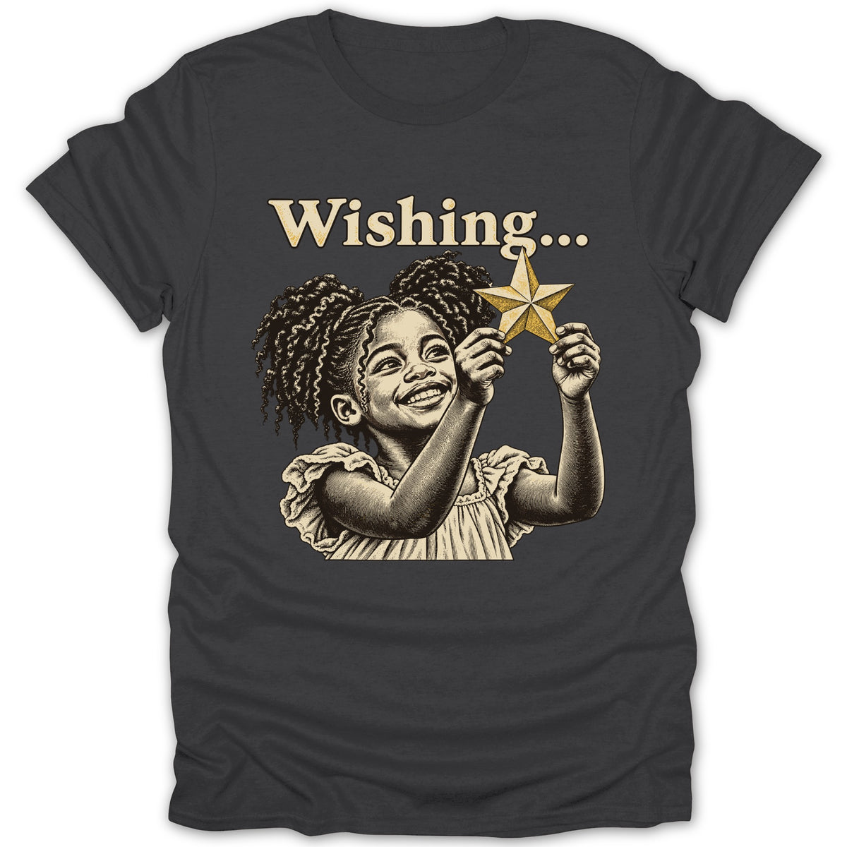 Dark t-shirt with illustration of a girl holding a golden star, "Wishing..." text above.
