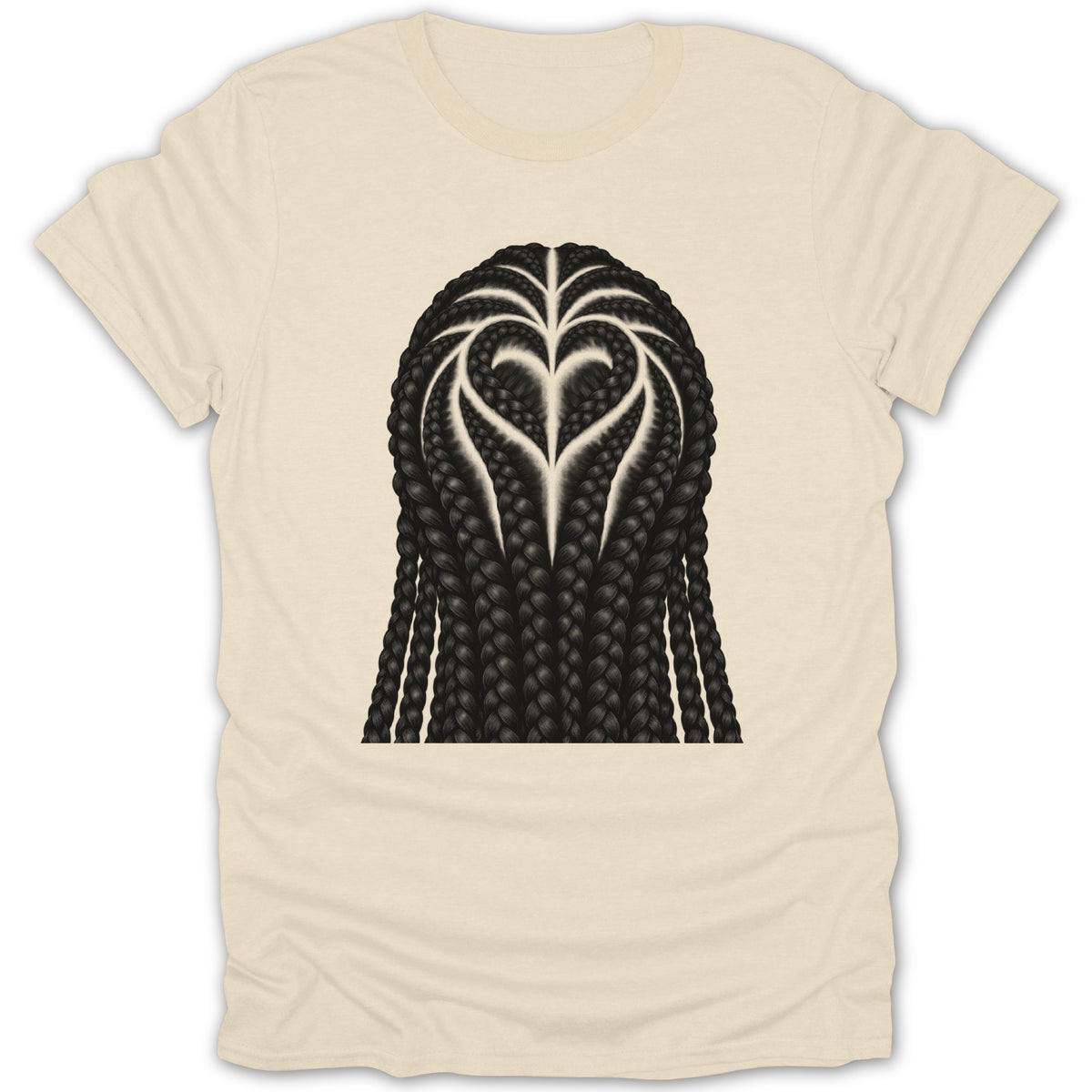 Cream t-shirt with black braided hair styled into a heart.