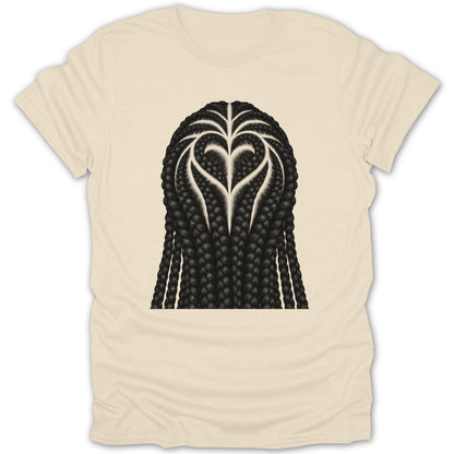 Cream t-shirt with black braided hair styled into a heart.