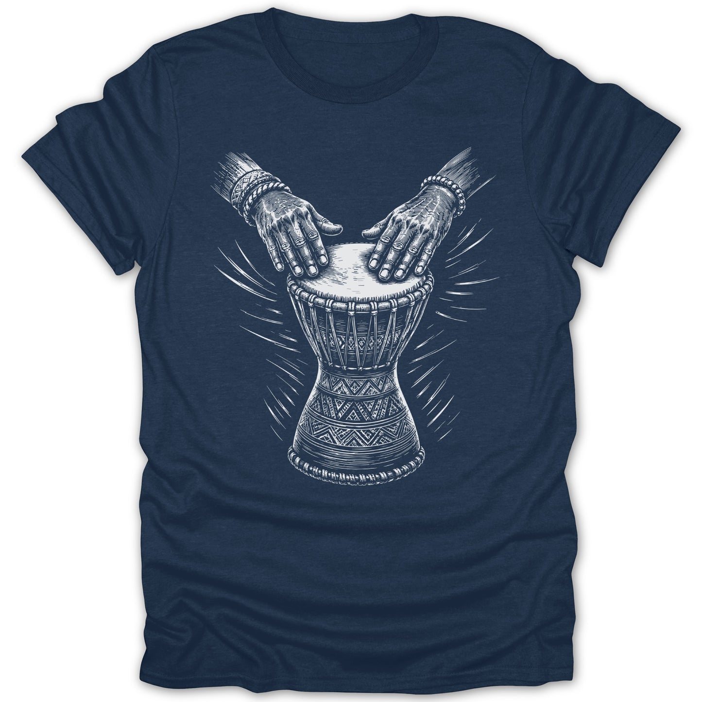 White line art of hands playing a djembe drum with decorative patterns on a navy t-shirt.