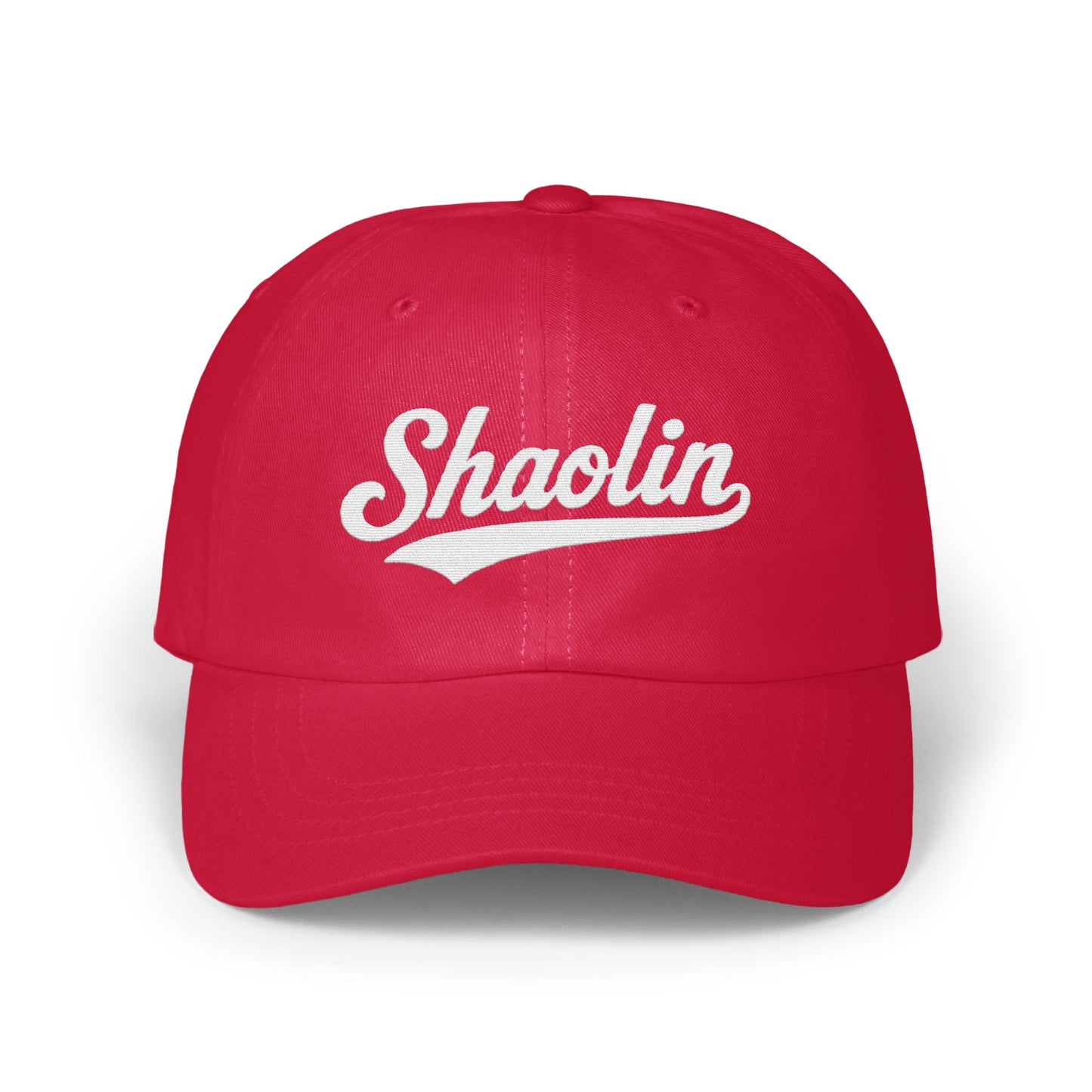 Red baseball cap with "Shaolin" text in white cursive.