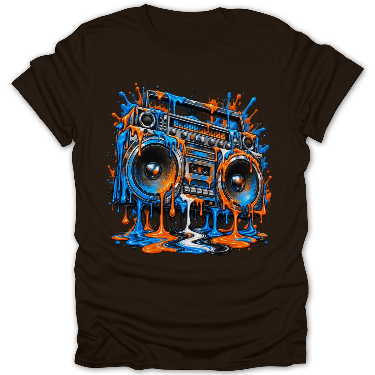 Brown t-shirt featuring a melting boombox with orange and blue paint drips.