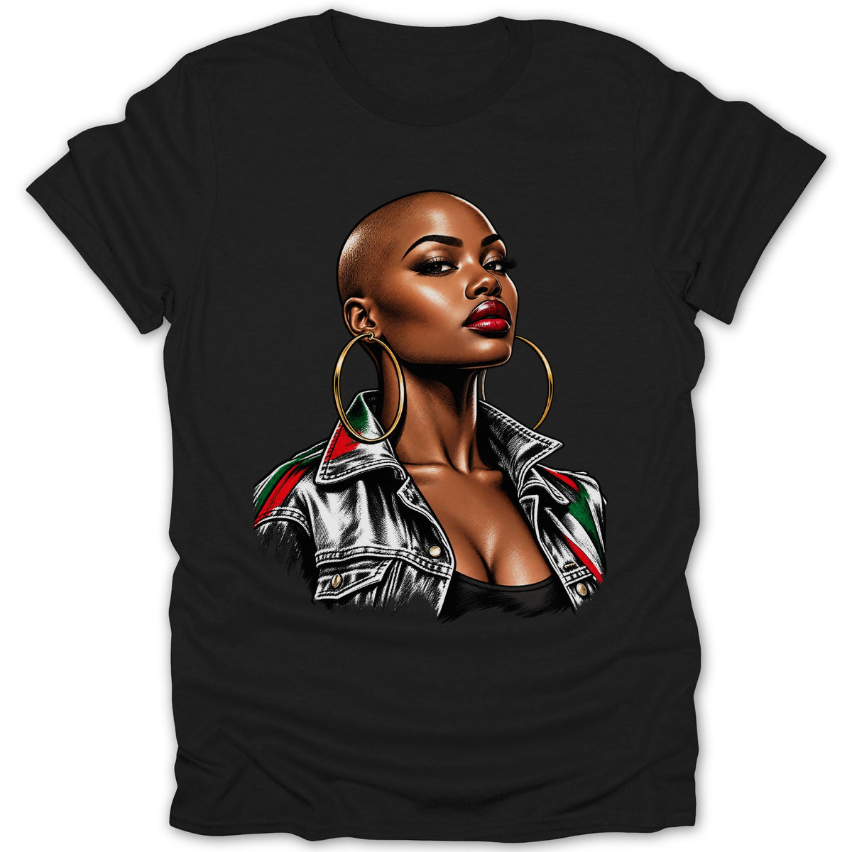 Black t-shirt with artwork of a bald woman wearing hoop earrings and a denim jacket.