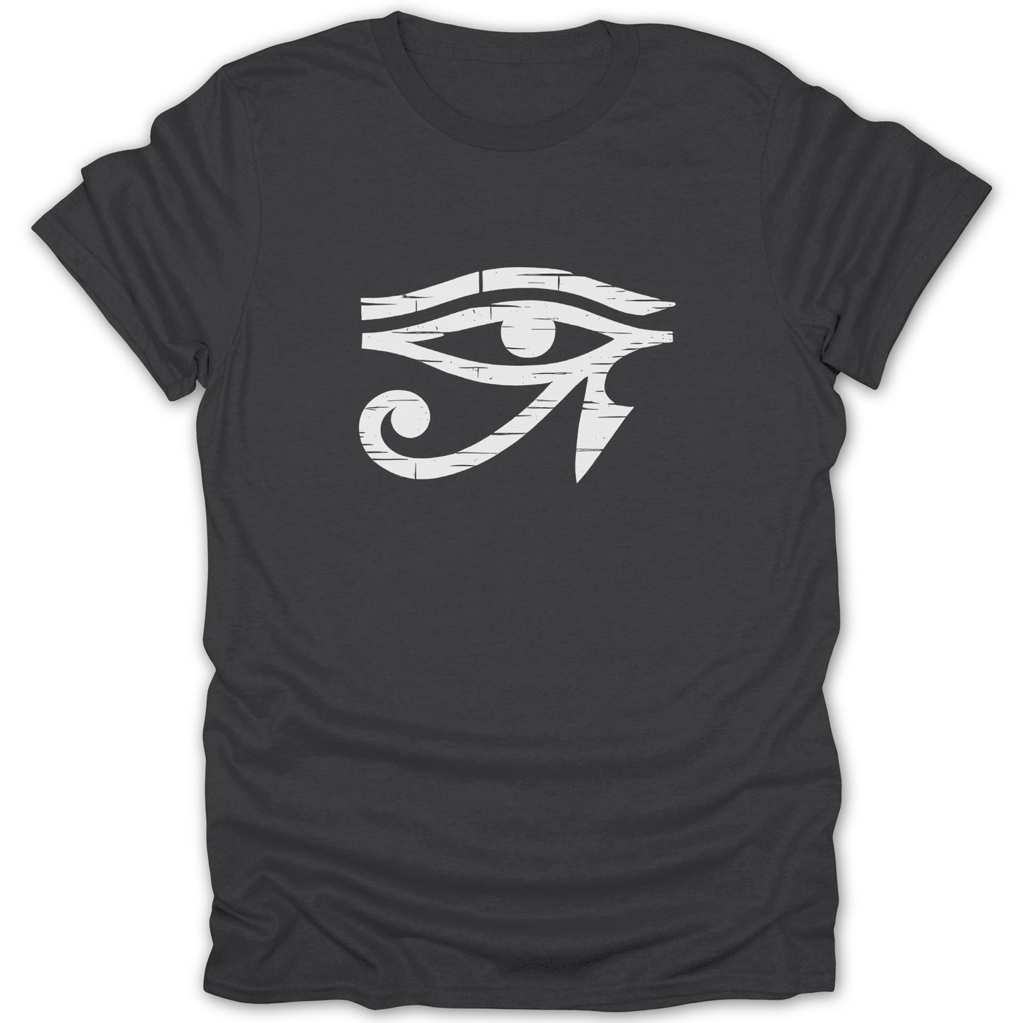 Dark grey t-shirt with distressed white Eye of Horus graphic.