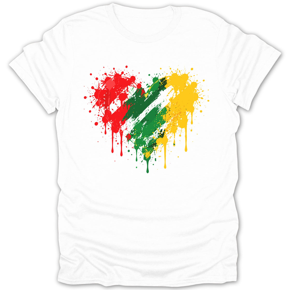 White t-shirt with a dripping heart graphic in red, green, and yellow paint splatters.