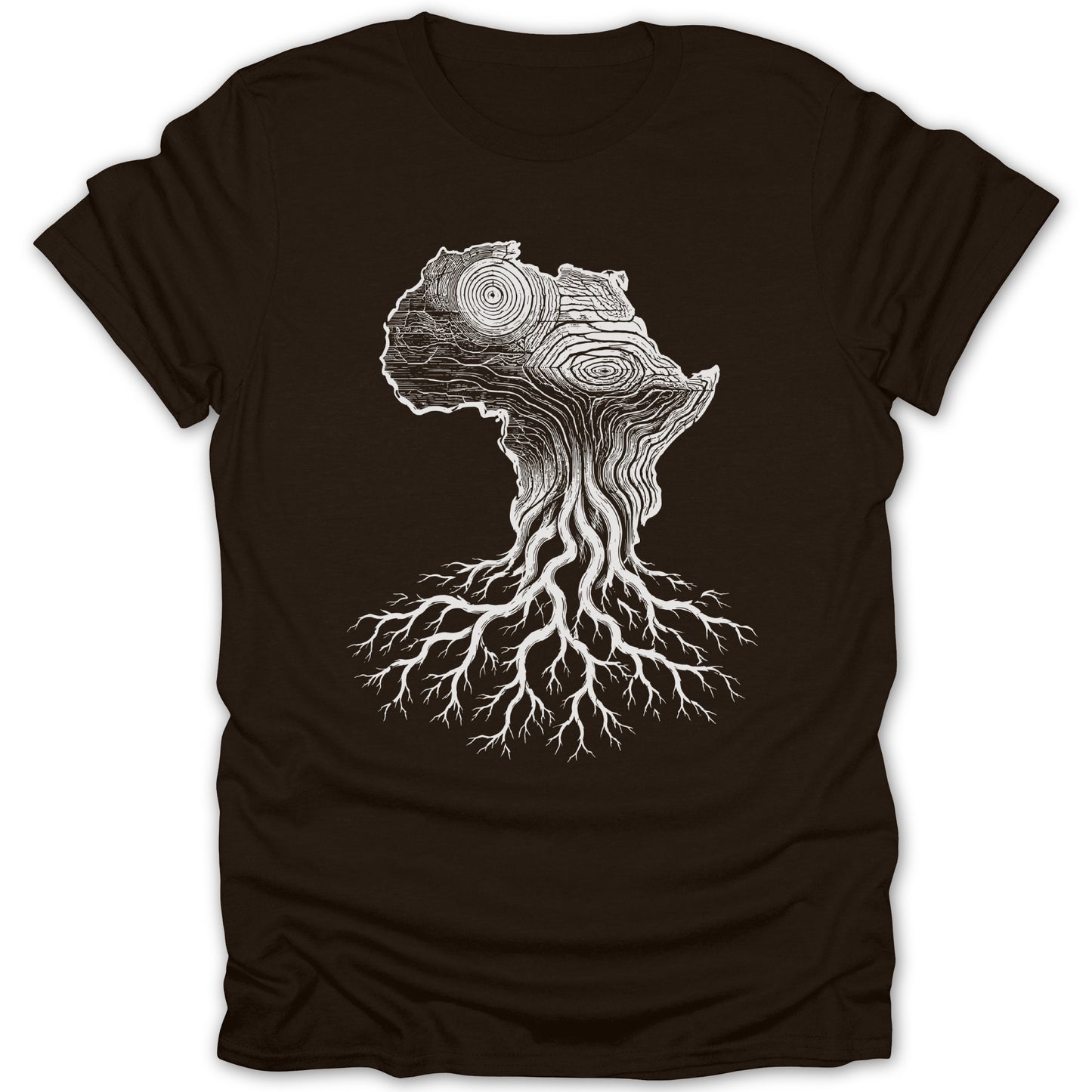 Brown t-shirt with white graphic of Africa as a tree with roots.