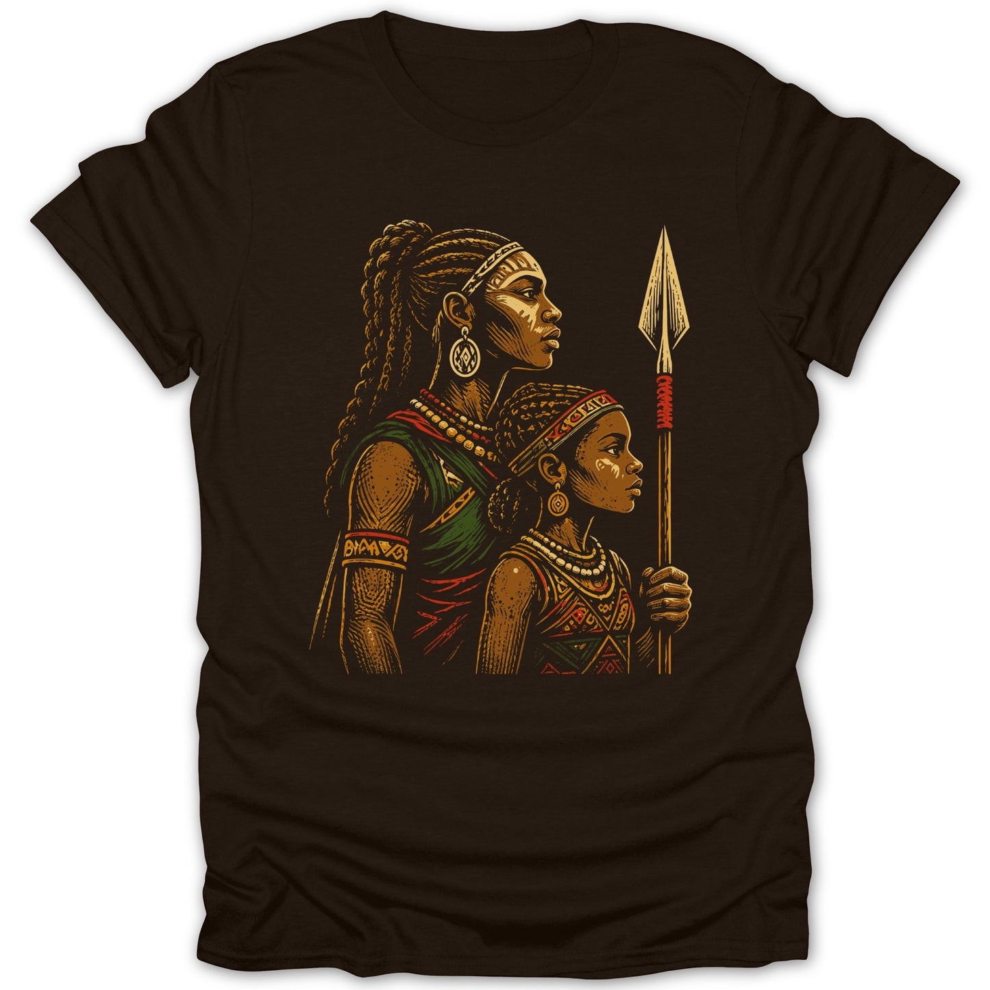 Illustration of a woman and child in traditional African attire holding a spear.