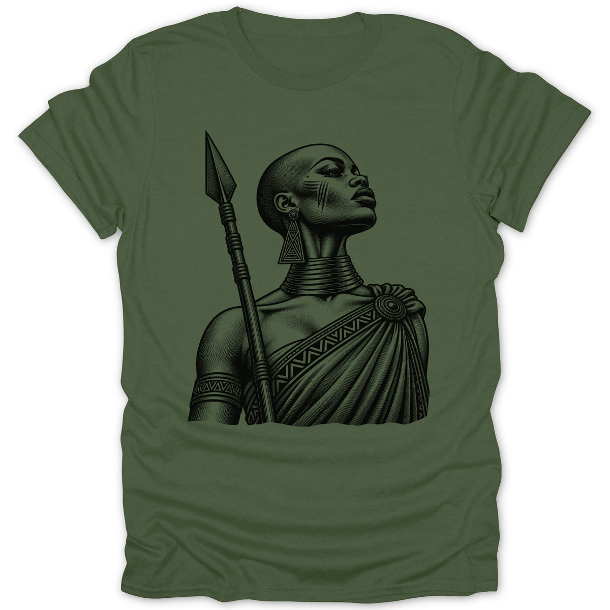 T-shirt with black graphic of a warrior woman holding a spear.