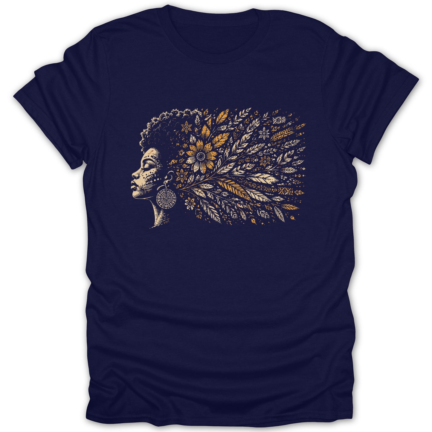 Dark blue t-shirt with a graphic of a woman's profile and floral hair in gold and white.
