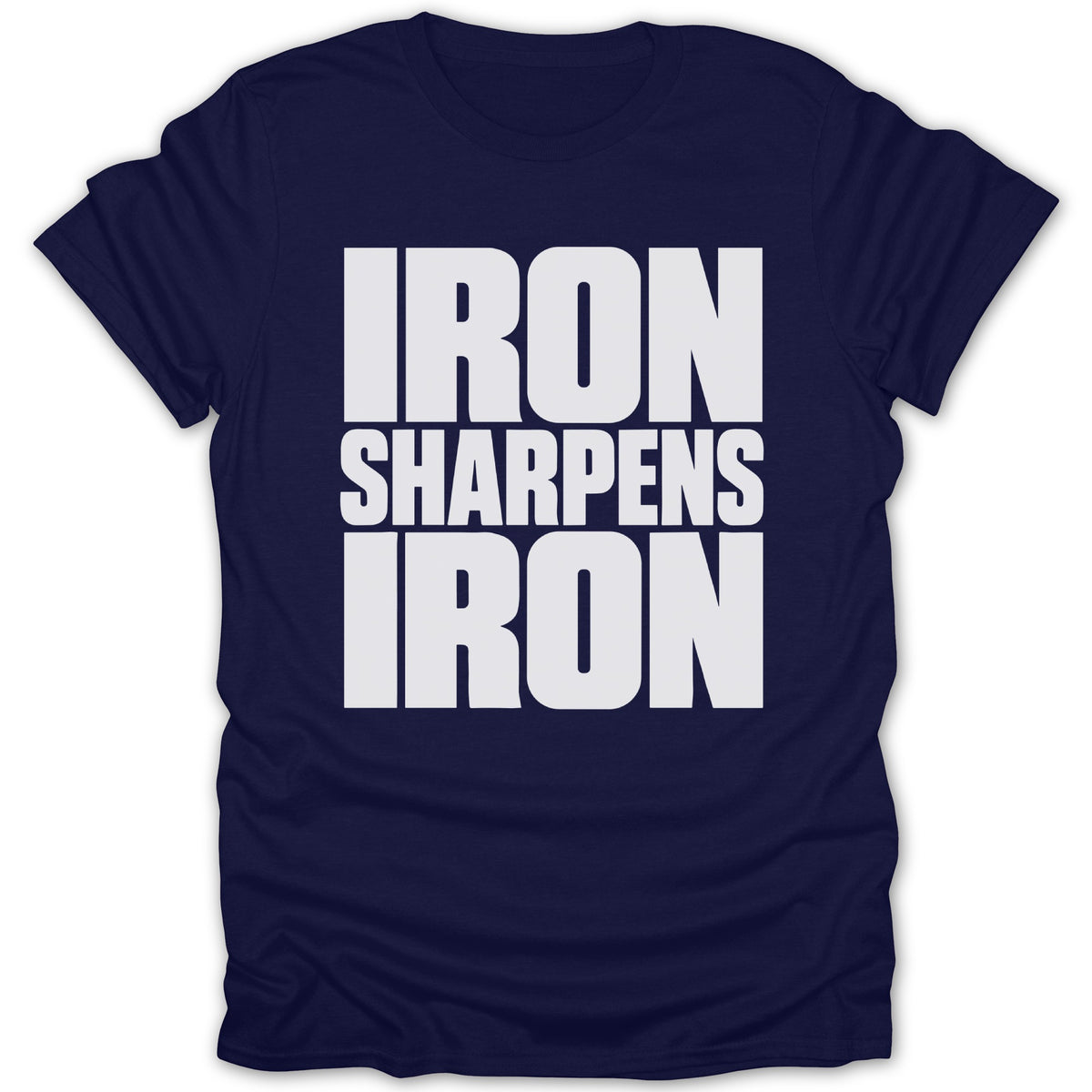 A dark blue t-shirt with white block lettering reading Iron Sharpens Iron centered on the chest.