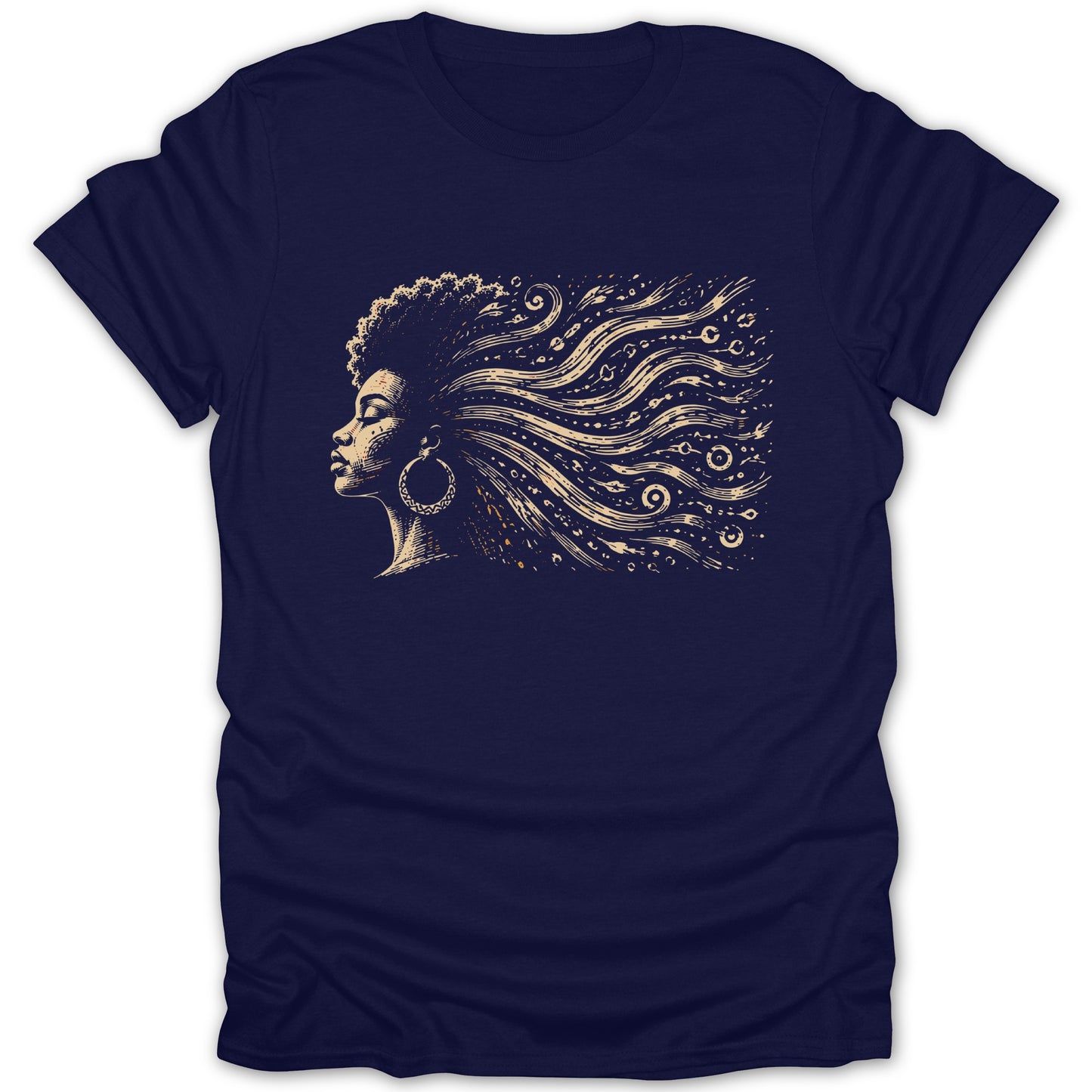 Profile of woman with flowing hair adorned with celestial patterns on navy shirt.