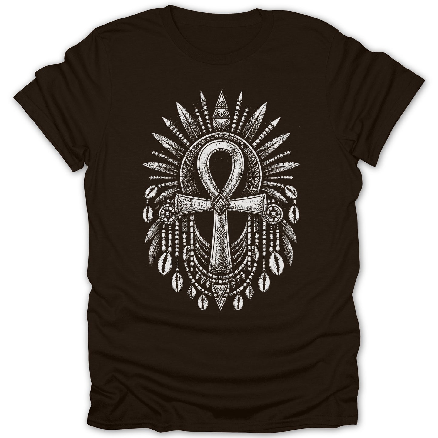 Brown t-shirt with a white ankh symbol adorned with feathers and shells.
